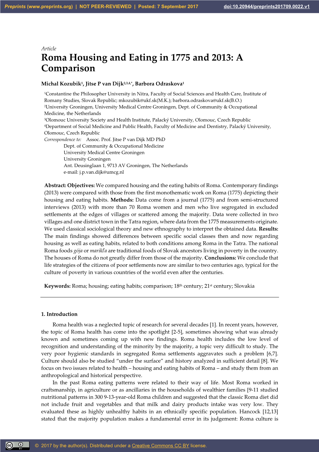 Roma Housing and Eating in 1775 and 2013: a Comparison