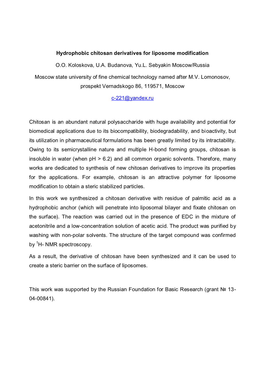 Hydrophobic Chitosan Derivatives for Liposome Modification O.O