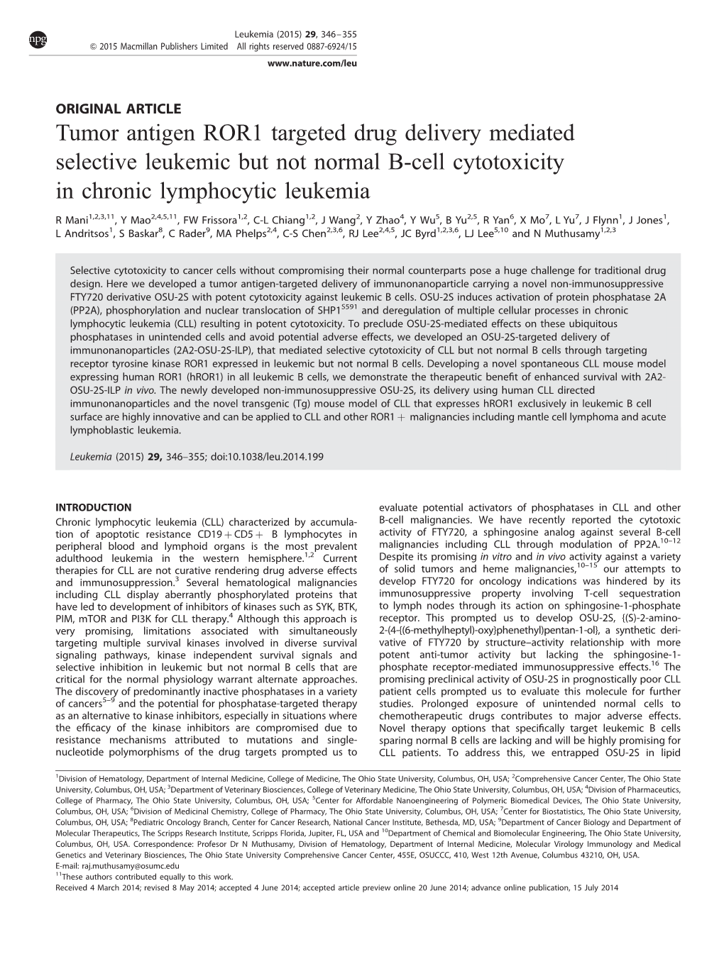 Tumor Antigen ROR1 Targeted Drug Delivery Mediated Selective Leukemic but Not Normal B-Cell Cytotoxicity in Chronic Lymphocytic Leukemia