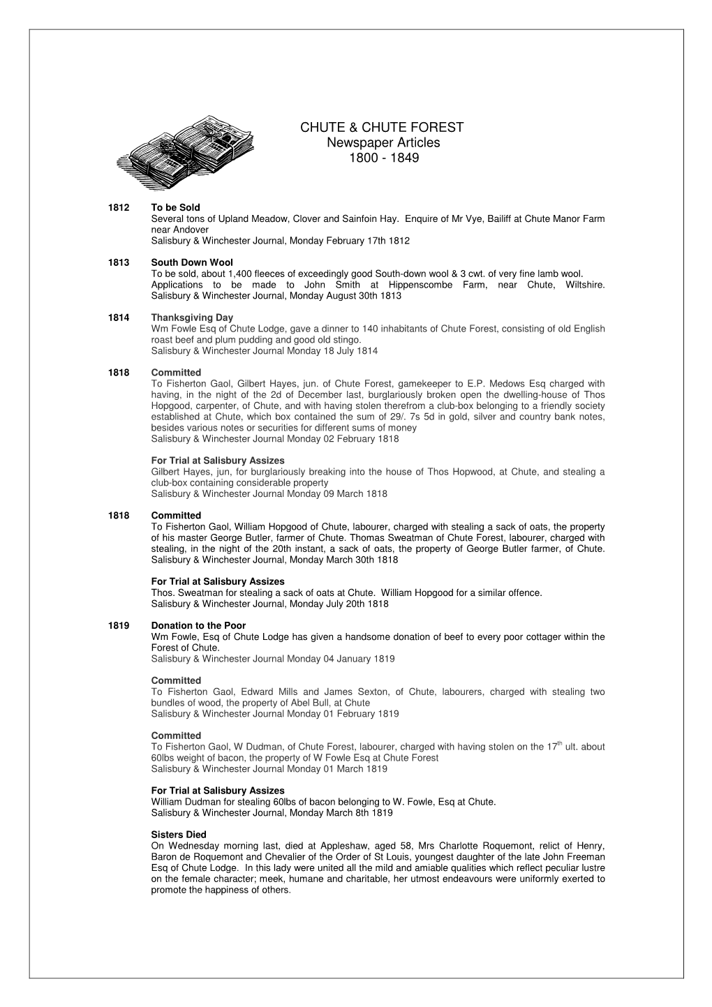 CHUTE & CHUTE FOREST Newspaper Articles 1800