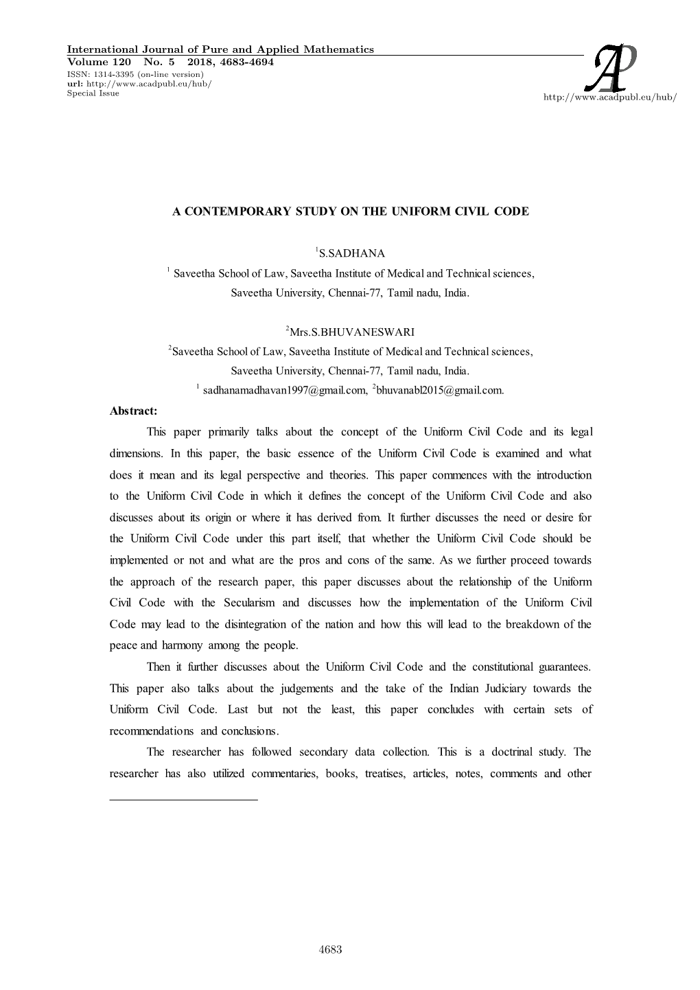 This Paper Primarily Talks About the Concept of the Uniform Civil Code and Its Legal Dimensions