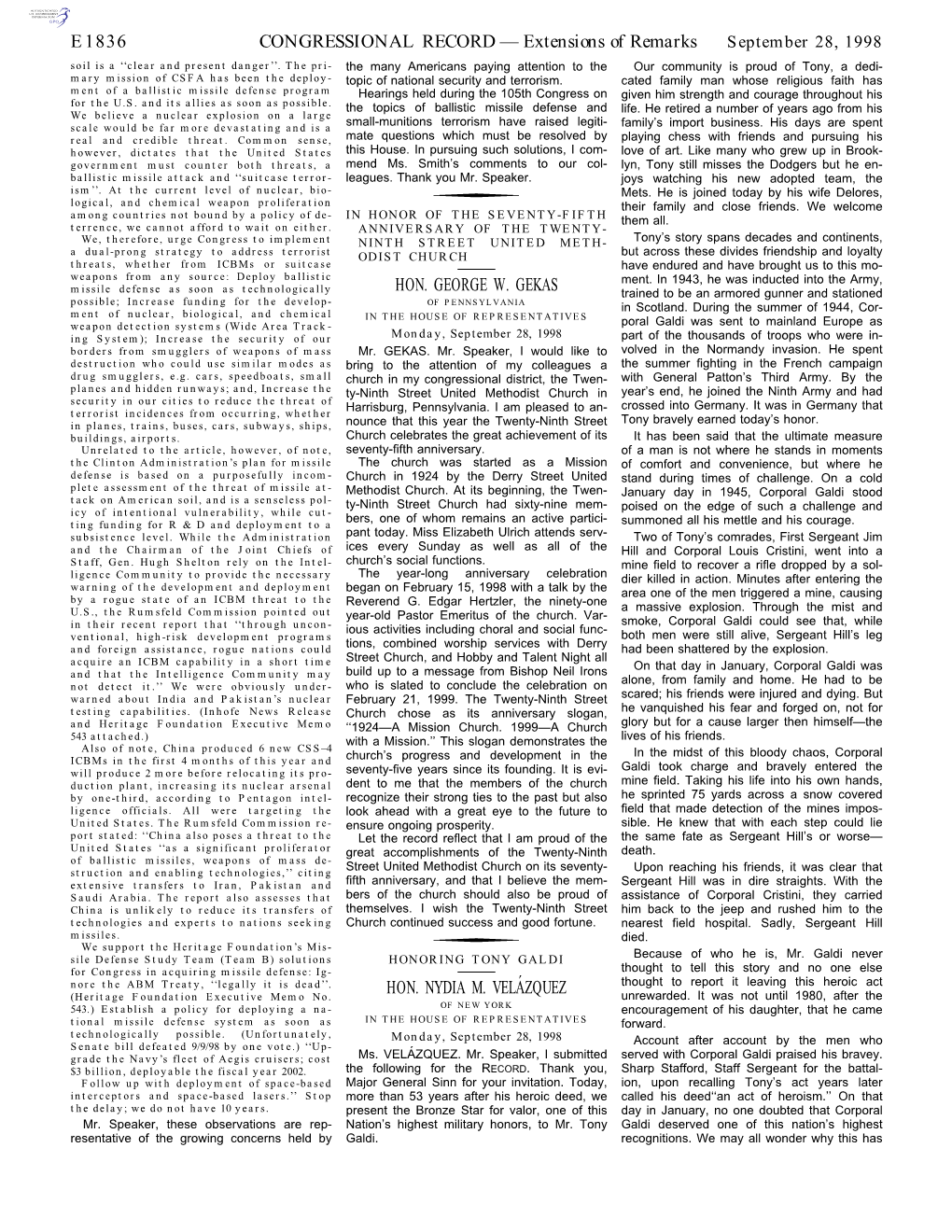 CONGRESSIONAL RECORD— Extensions of Remarks E1836 HON. GEORGE W. GEKAS HON. NYDIA M. VELA´ZQUEZ