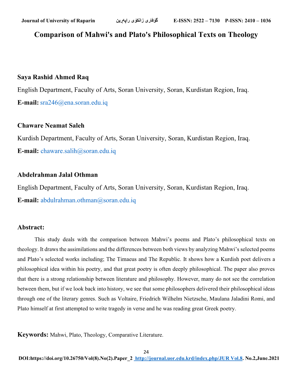 Comparison of Mahwi's and Plato's Philosophical Texts on Theology