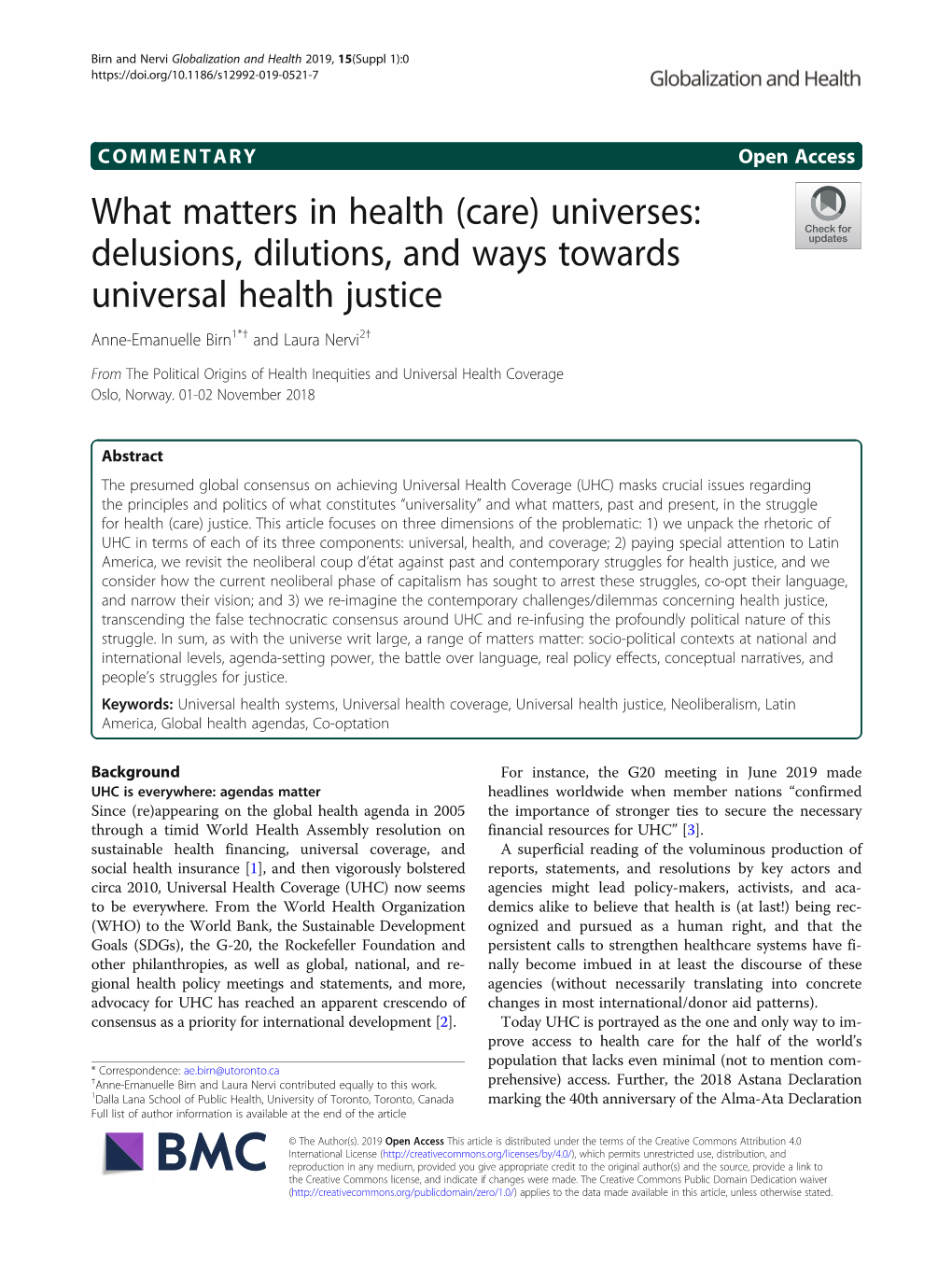 Delusions, Dilutions, and Ways Towards Universal Health Justice Anne-Emanuelle Birn1*† and Laura Nervi2†