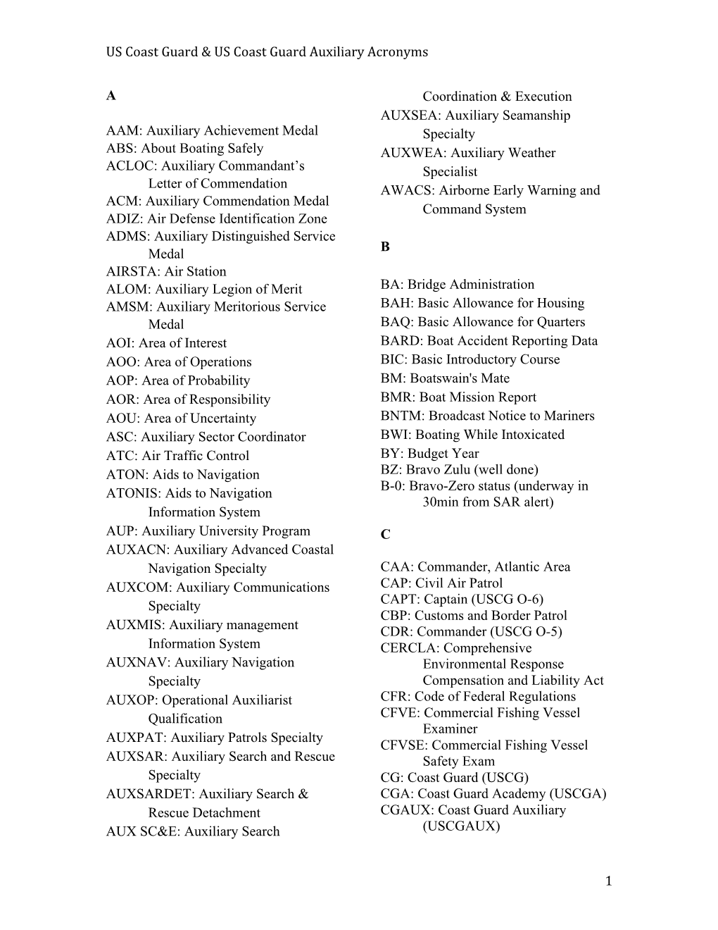 US Coast Guard & US Coast Guard Auxiliary Acronyms 1 A