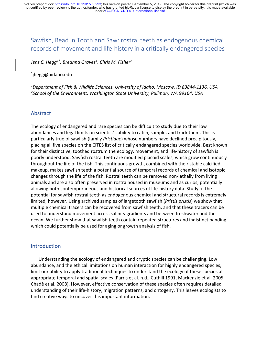 Sawfish, Read in Tooth and Saw: Rostral Teeth As Endogenous Chemical Records of Movement and Life-History in a Critically Endangered Species