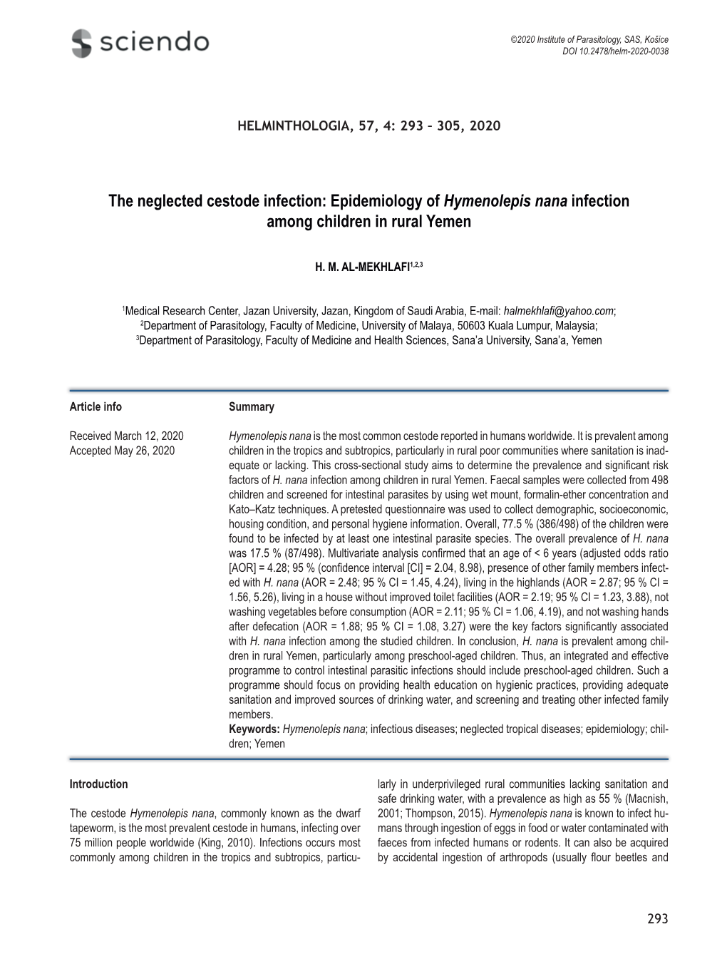 Epidemiology of Hymenolepis Nana Infection Among Children in Rural Yemen