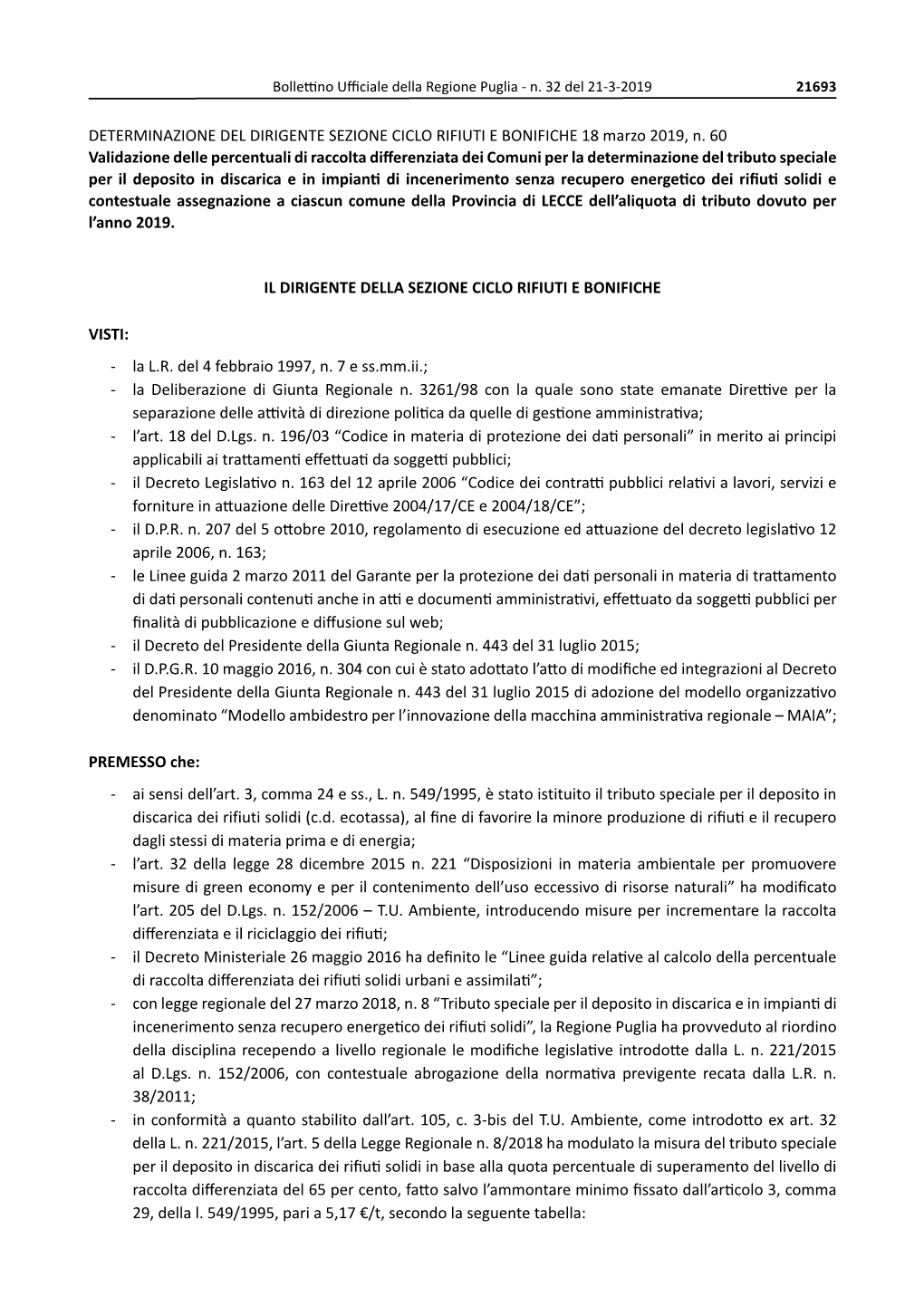 DETERMINAZIONE DEL DIRIGENTE SEZIONE CICLO RIFIUTI E BONIFICHE 18 Marzo 2019, N