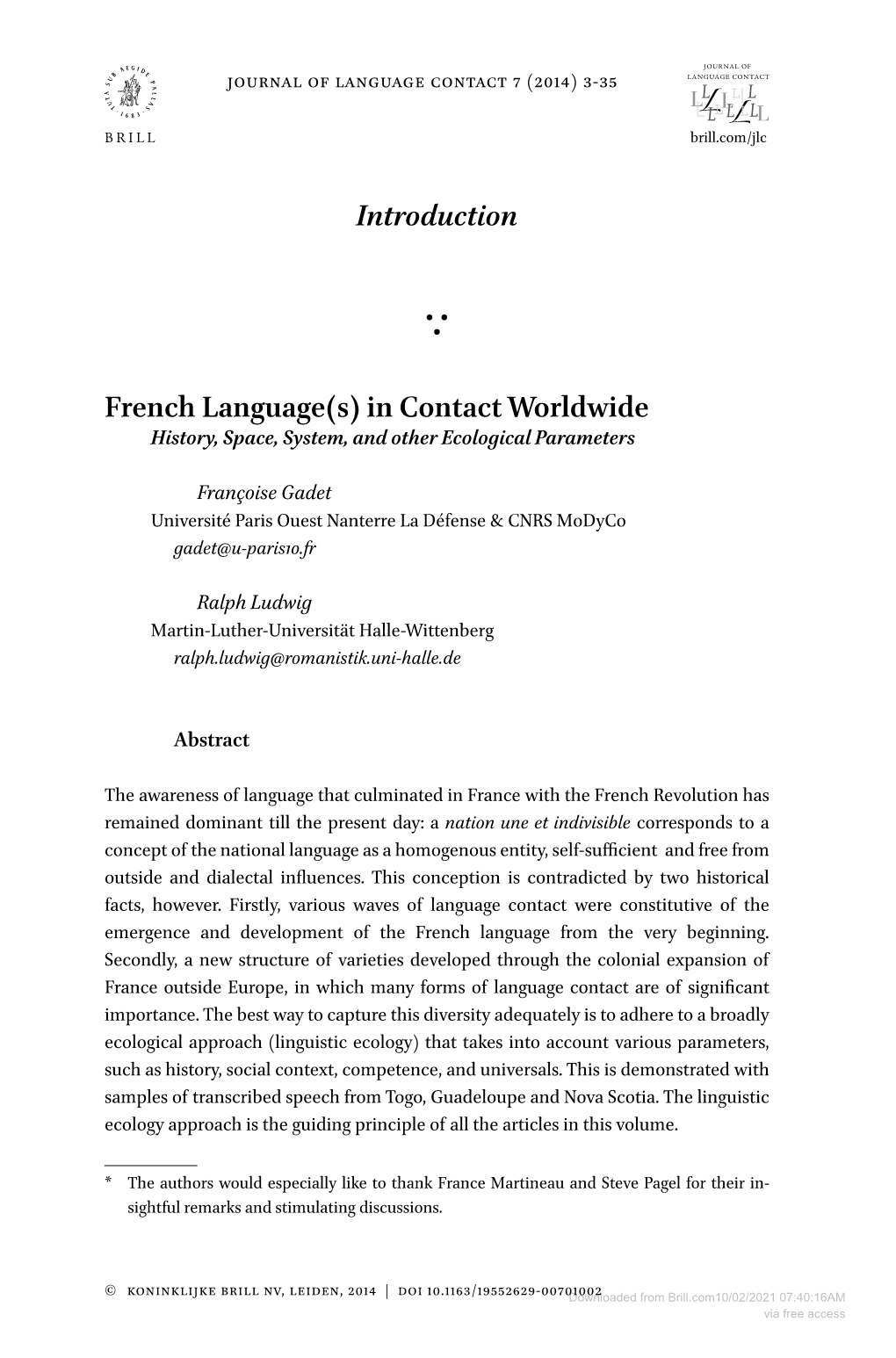 Introduction French Language(S) in Contact Worldwide