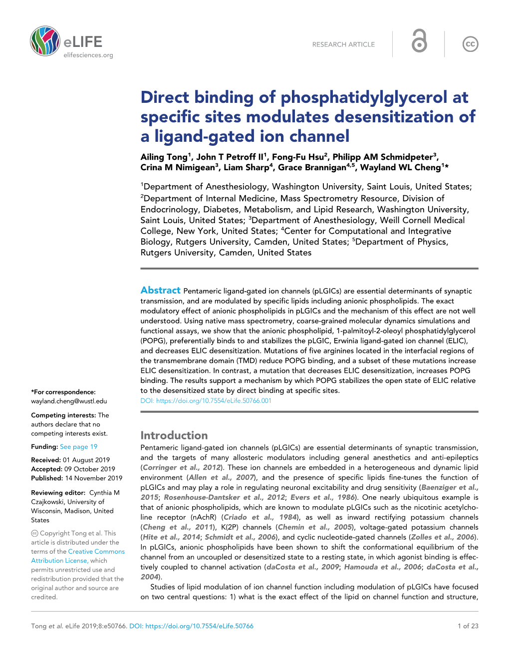 Direct Binding of Phosphatidylglycerol at Specific Sites Modulates