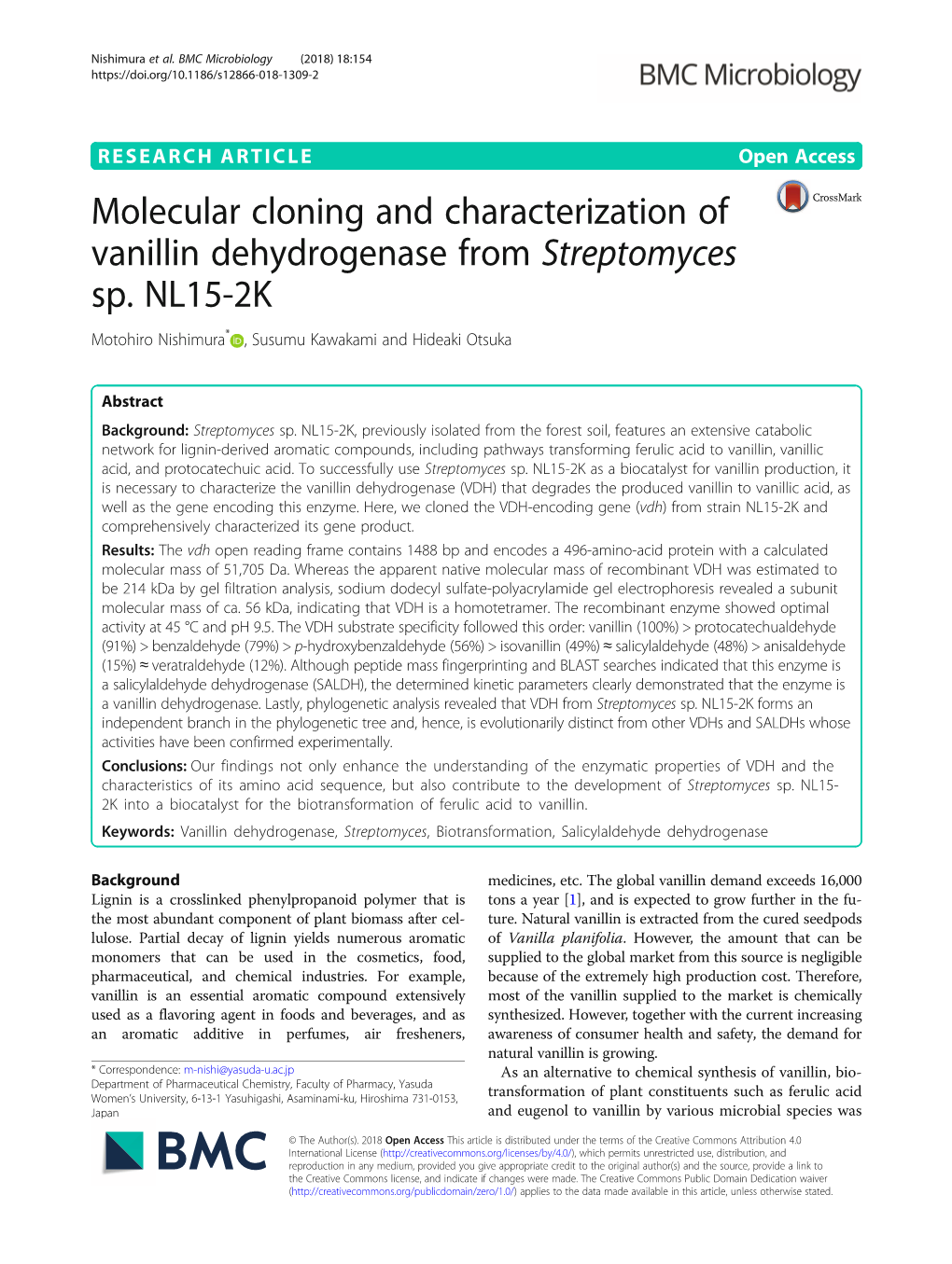 Molecular Cloning and Characterization of Vanillin Dehydrogenase from Streptomyces Sp