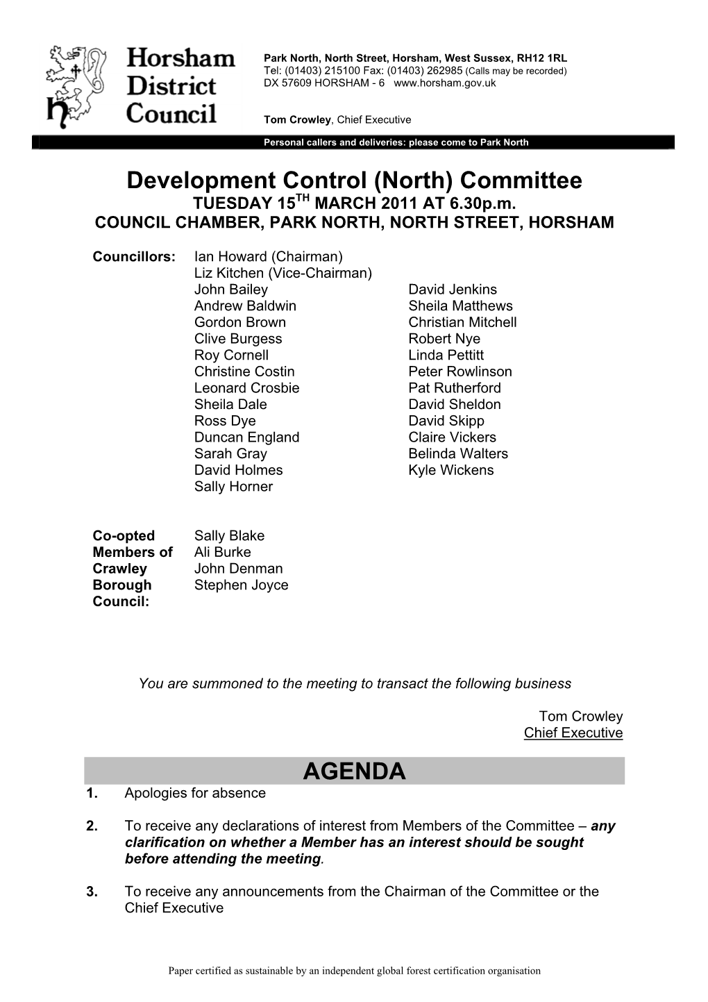 Development Control (North) Committee TUESDAY 15TH MARCH 2011 at 6.30P.M