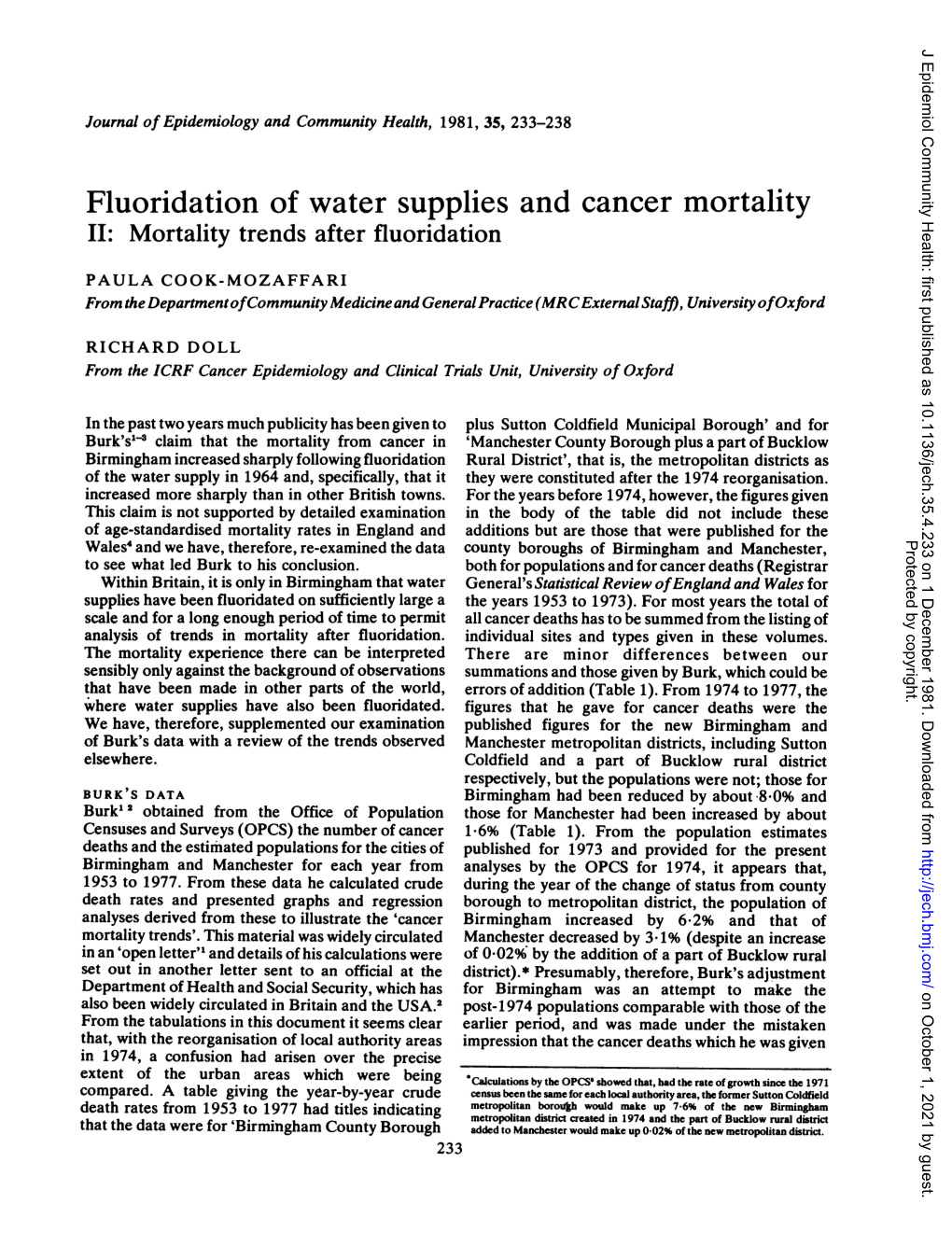 Fluoridation of Water Supplies and Cancer Mortality II: Mortality Trends After Fluoridation