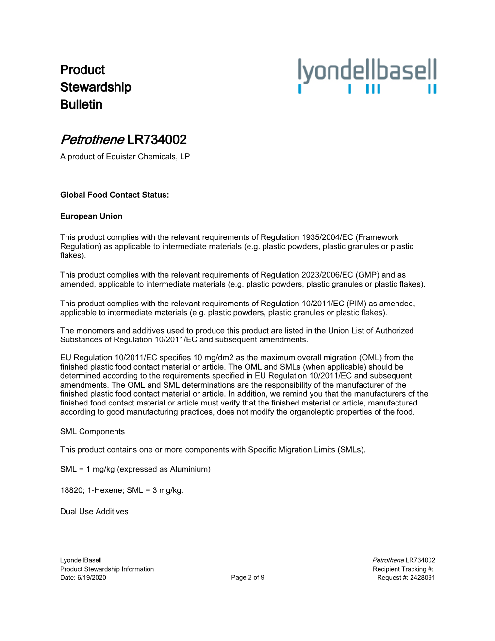 Petrothene LR734002 a Product of Equistar Chemicals, LP