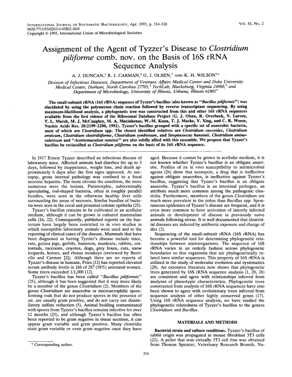 Assignment of the Agent of Tyzzer's Disease to Clostridium Piliforme