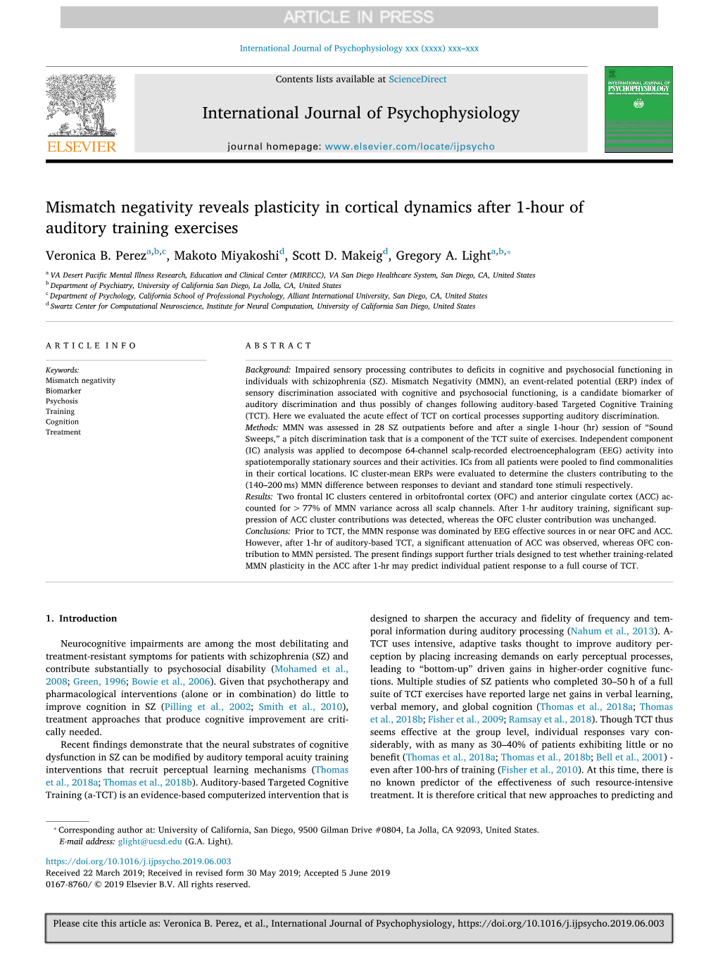 Mismatch Negativity Reveals Plasticity in Cortical Dynamics After 1-Hour of Auditory Training Exercises ⁎ Veronica B