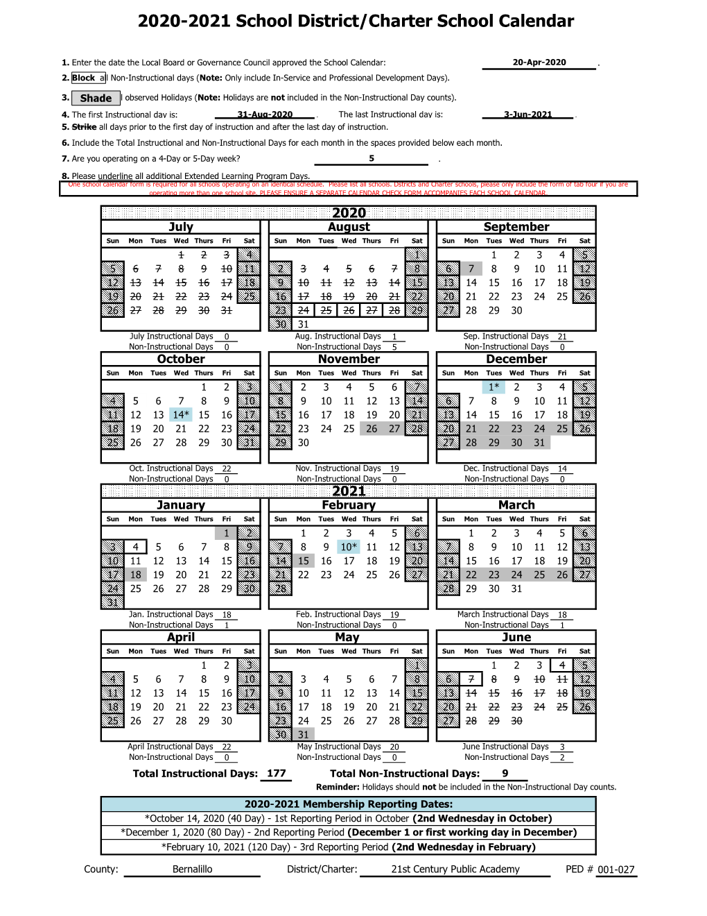 2020-2021 School District/Charter School Calendar