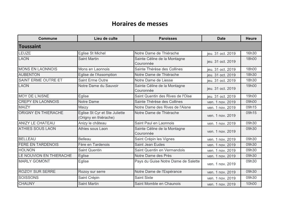 Horaires De Messes