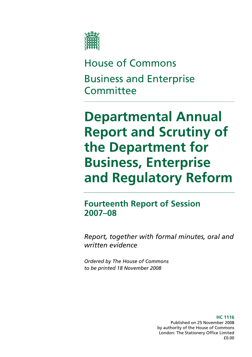 Departmental Annual Report and Scrutiny of the Department for Business, Enterprise and Regulatory Reform