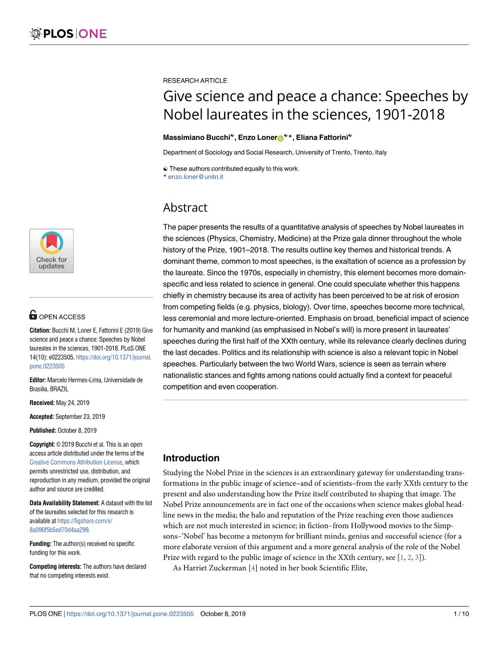 Speeches by Nobel Laureates in the Sciences, 1901-2018