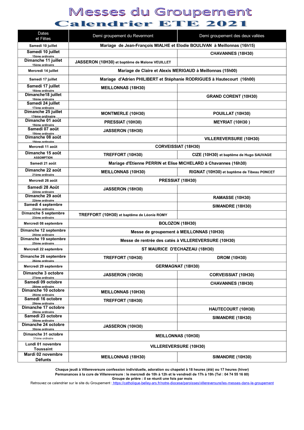 Planning Des Messes De L'été 2021