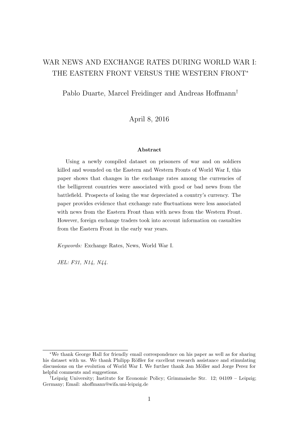 War News and Exchange Rates During World War I: the Eastern Front Versus the Western Front∗