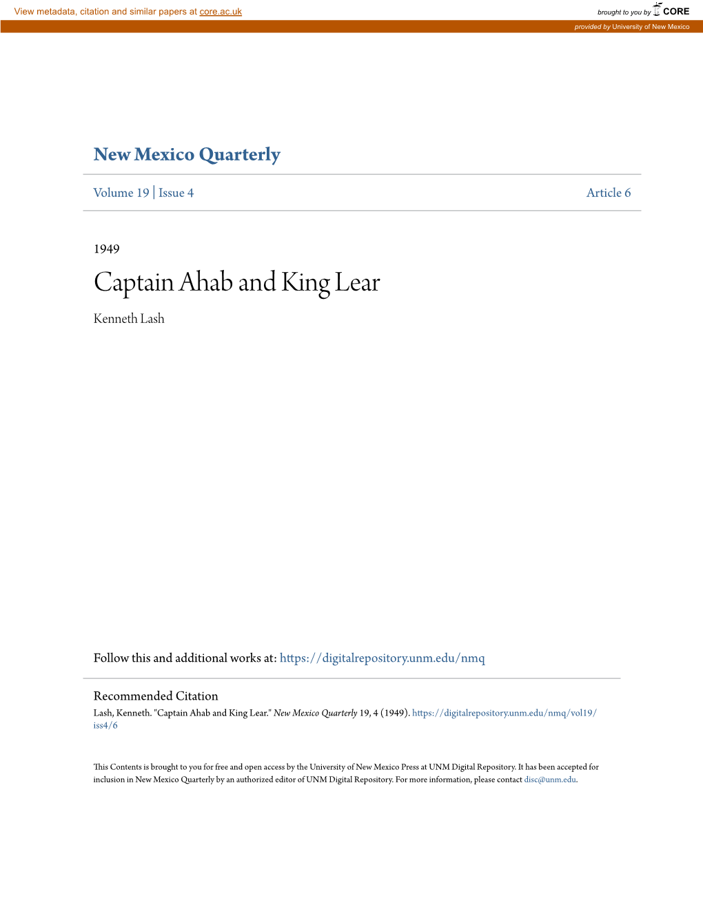 Captain Ahab and King Lear Kenneth Lash