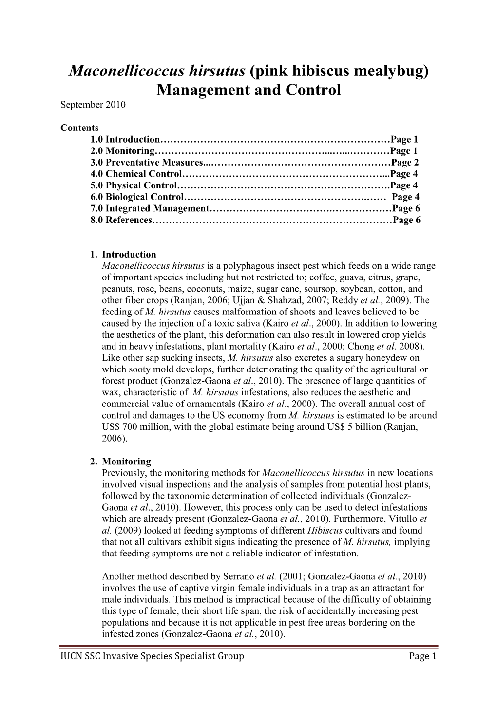 Maconellicoccus Hirsutus (Pink Hibiscus Mealybug) Management and Control September 2010