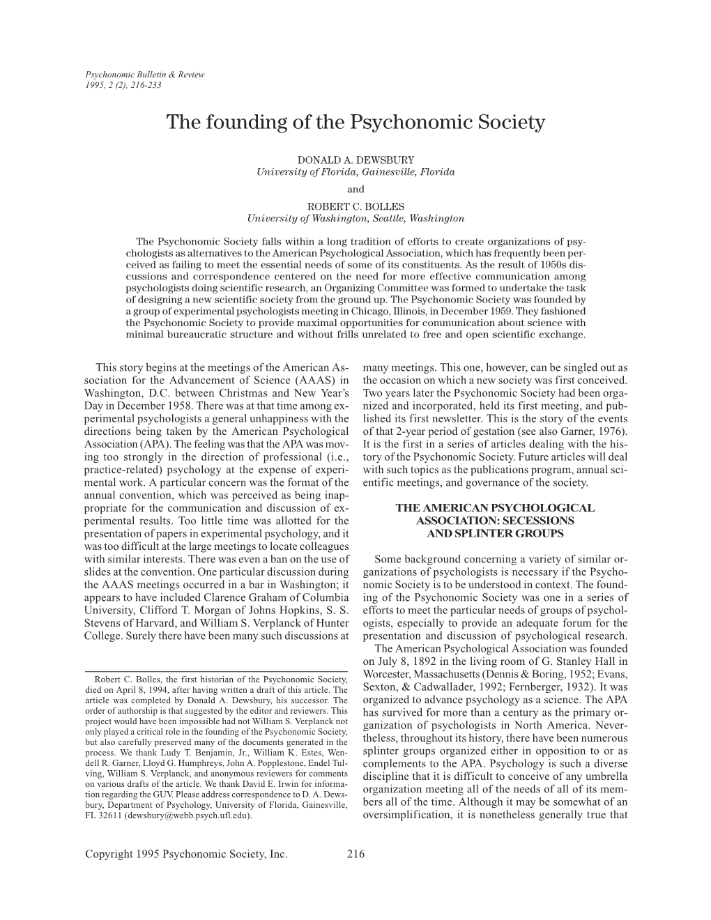 The Founding of the Psychonomic Society