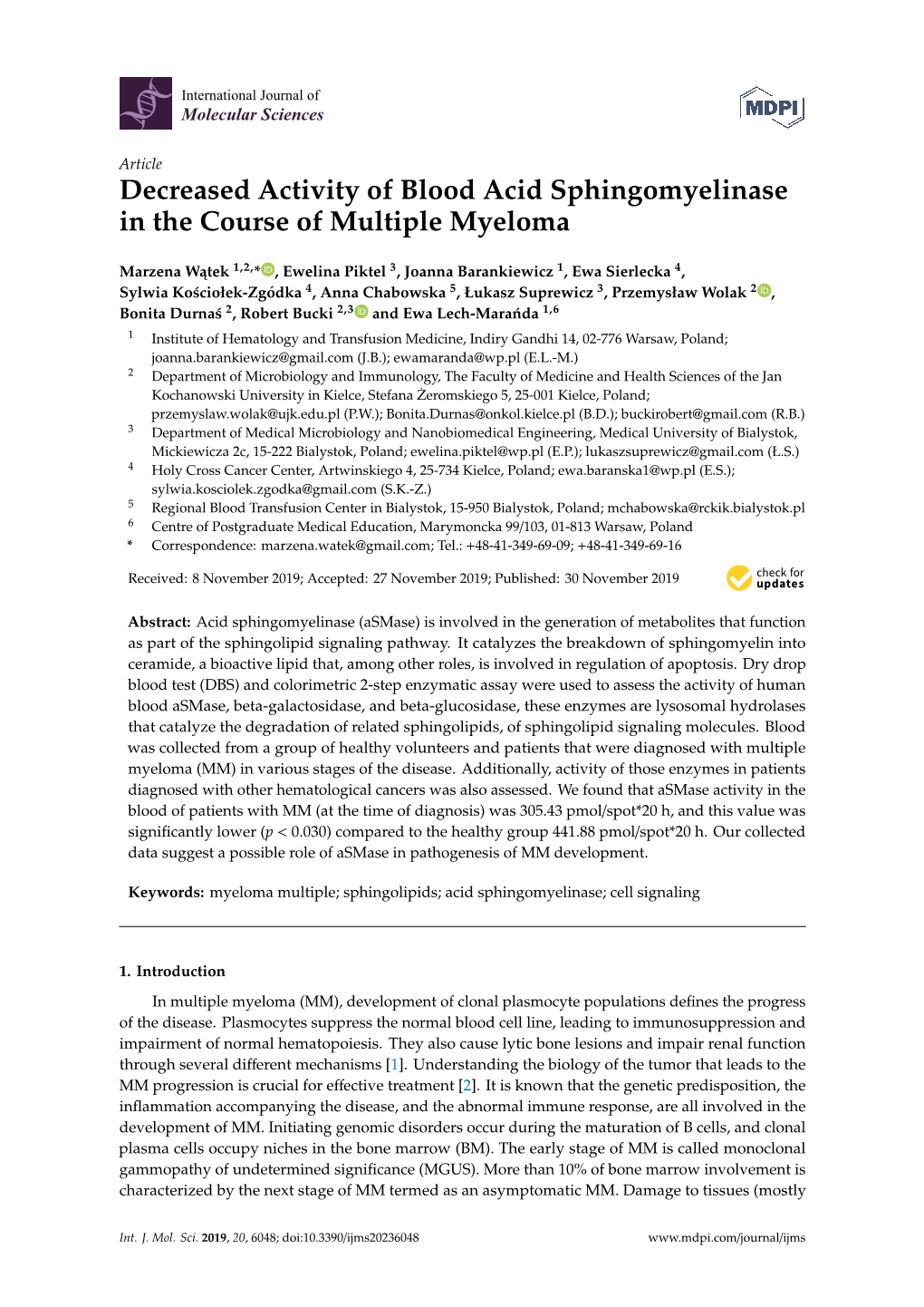 Decreased Activity of Blood Acid Sphingomyelinase in the Course of Multiple Myeloma