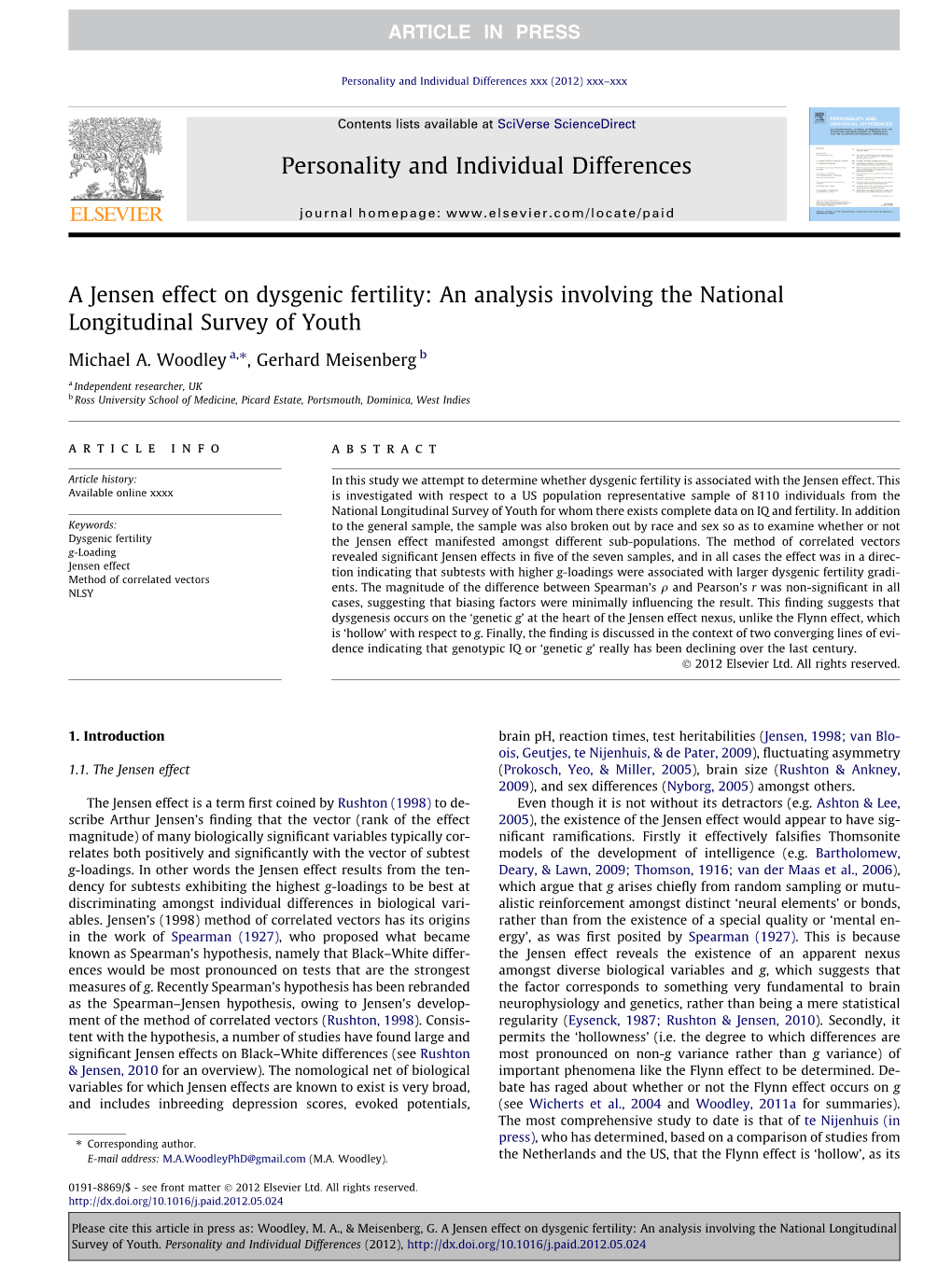 A Jensen Effect on Dysgenic Fertility: an Analysis Involving the National Longitudinal Survey of Youth ⇑ Michael A
