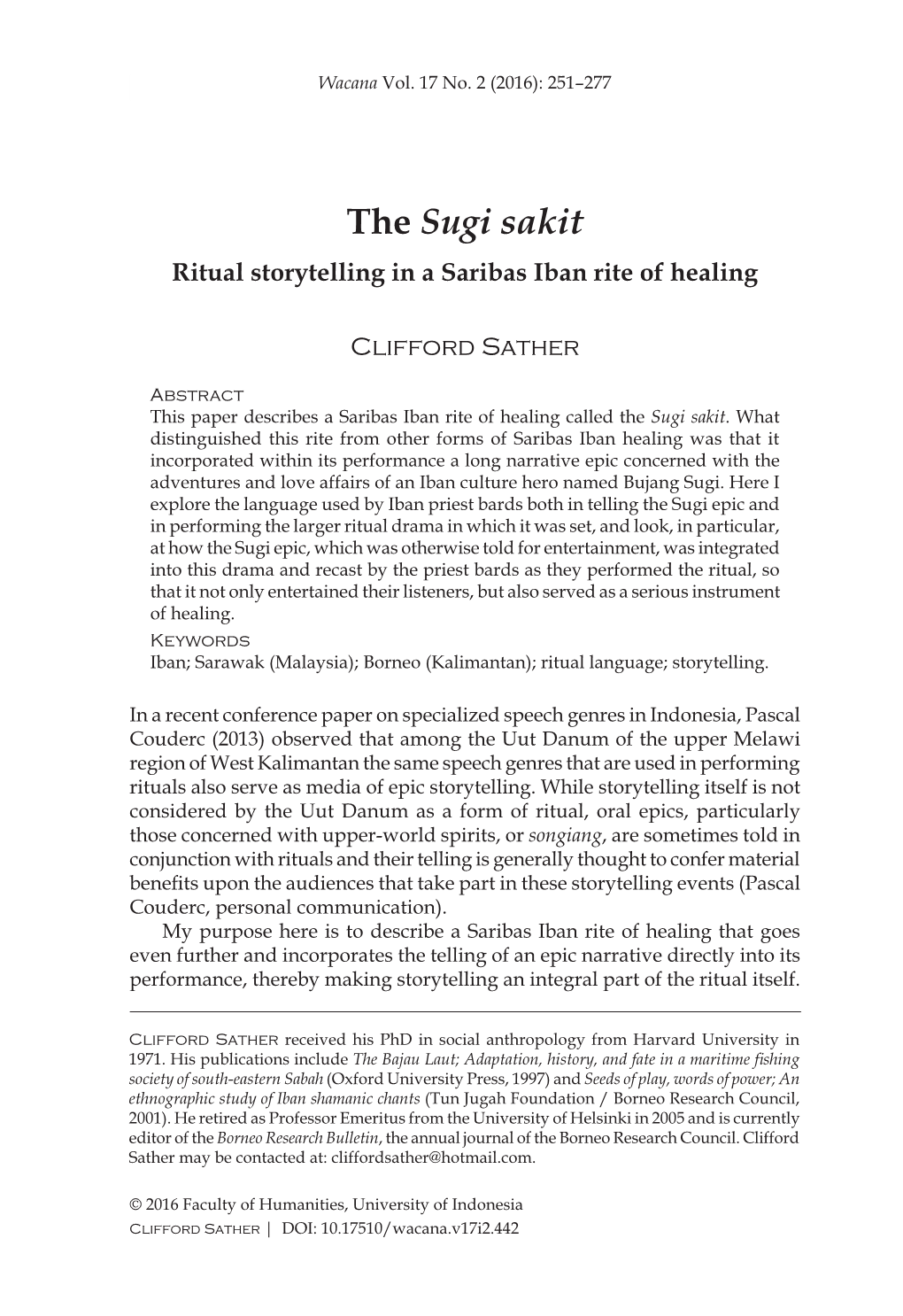 The Sugi Sakit Ritual Storytelling in a Saribas Iban Rite of Healing