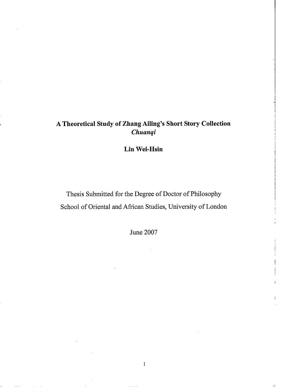 A Theoretical Study of Zhang Ailing's Short Story Collection Chuanqi Lin