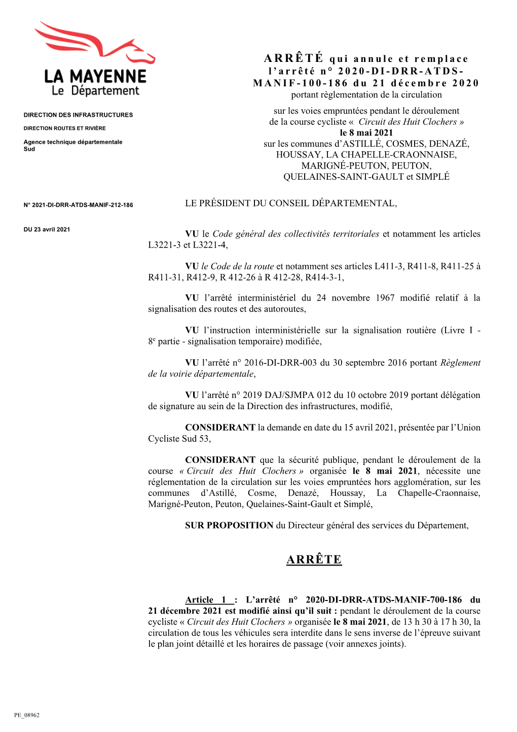 23 Avril 2021 VU Le Code Général Des Collectivités Territoriales Et Notamment Les Articles L3221-3 Et L3221-4