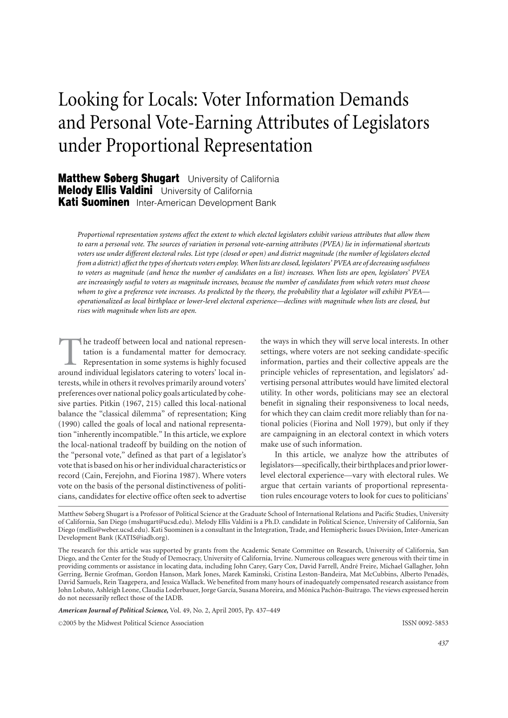 Looking for Locals: Voter Information Demands and Personal Vote-Earning Attributes of Legislators Under Proportional Representation