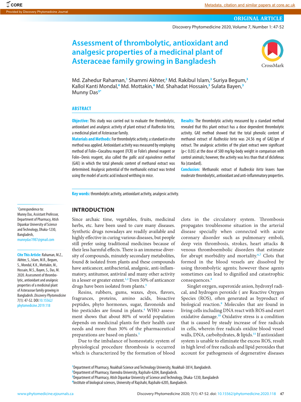 118 Assessment of Thrombolytic, Antioxidant and Analgesic