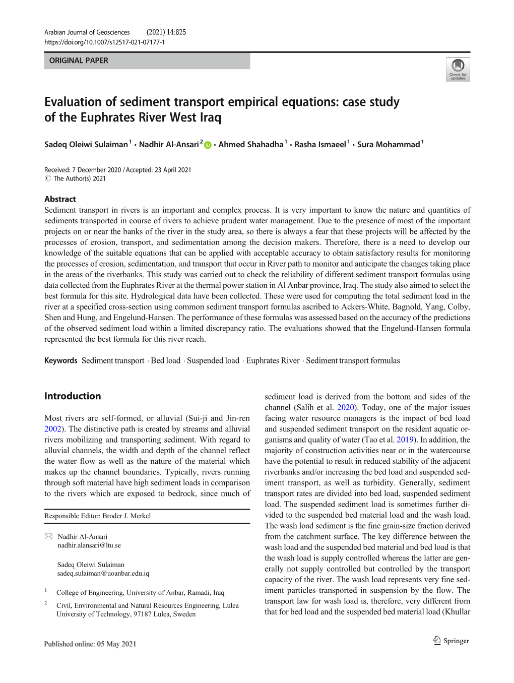 Evaluation of Sediment Transport Empirical Equations: Case Study of the Euphrates River West Iraq