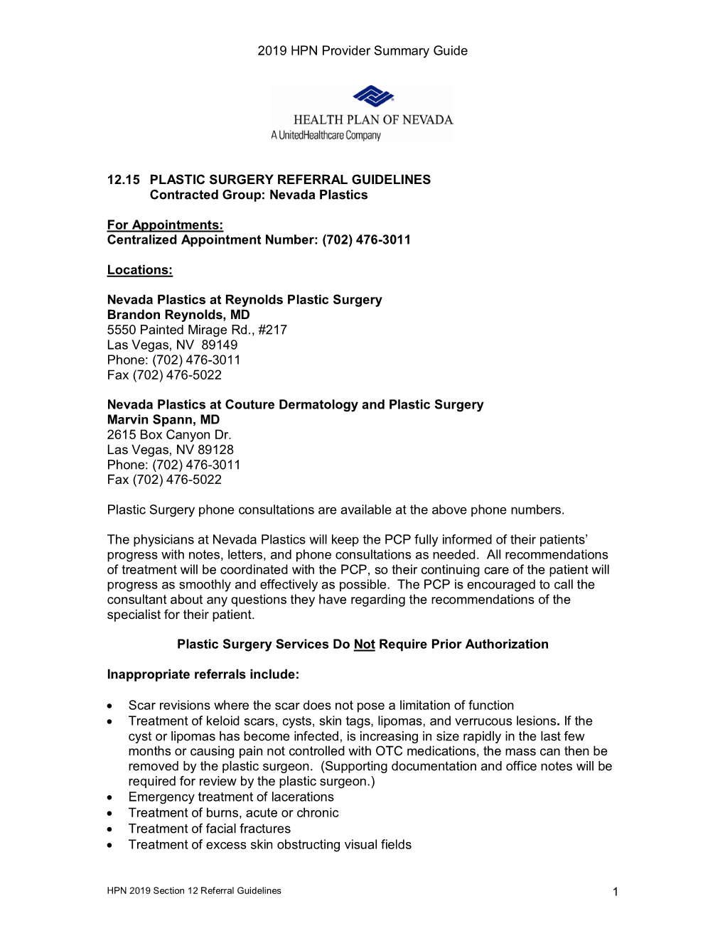 2019 HPN Provider Summary Guide 12.15 PLASTIC SURGERY