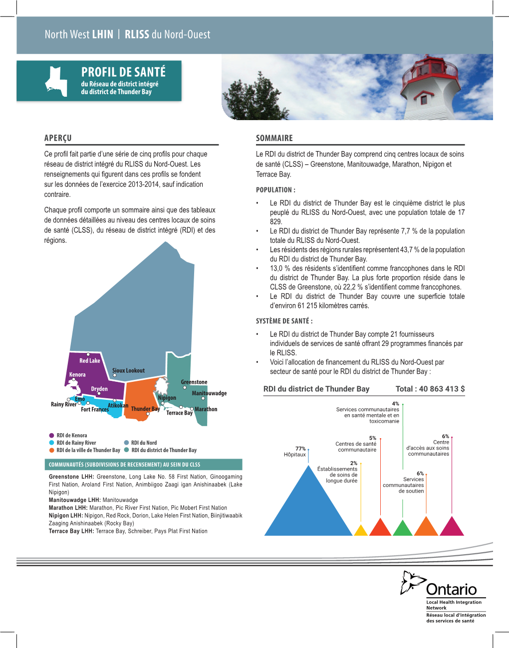 PROFIL DE SANTÉ Du Réseau De District Intégré Du District De Thunder Bay