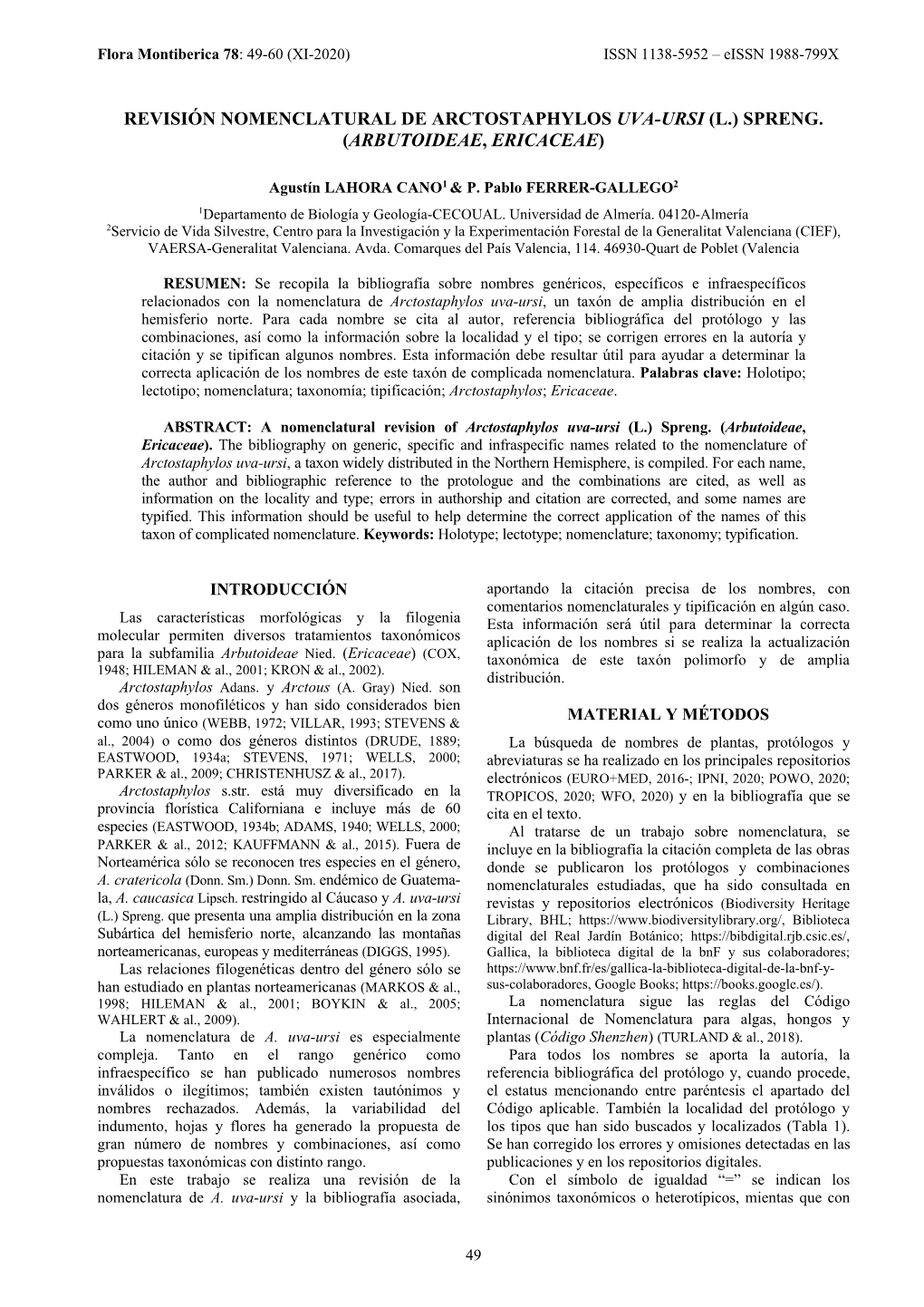 Revisión Nomenclatural De Arctostaphylos Uva-Ursi (L.) Spreng. (Arbutoideae, Ericaceae)