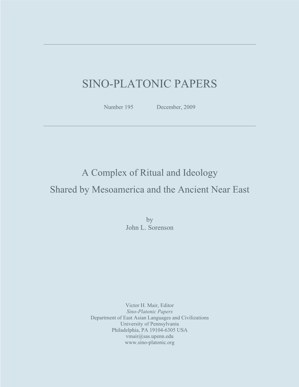 A Complex of Ritual and Ideology Shared by Mesoamerica and the Ancient Near East