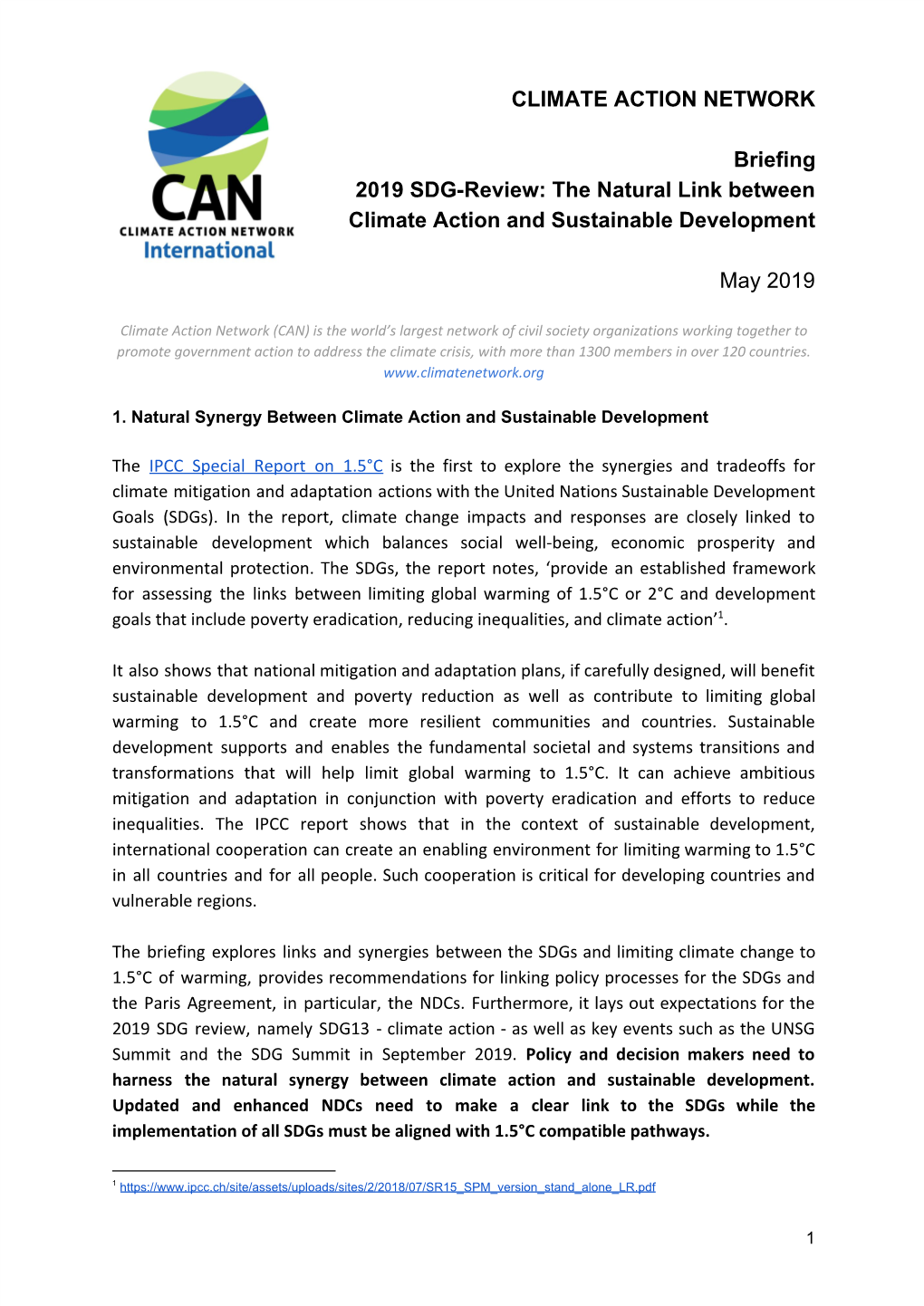 CLIMATE ACTION NETWORK Briefing 2019 SDG-Review: the Natural