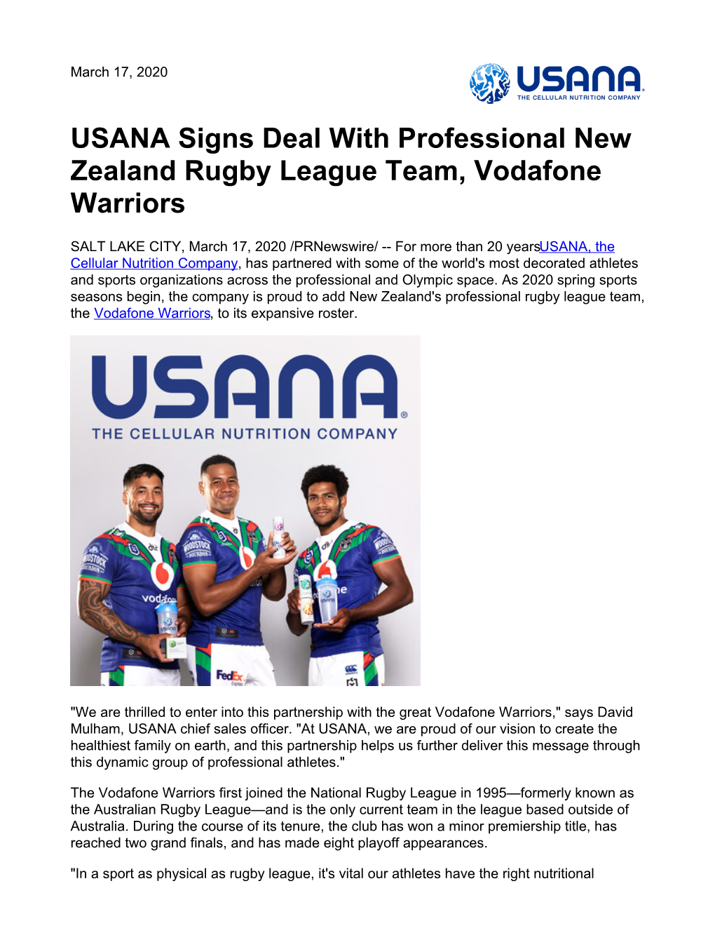 USANA Signs Deal with Professional New Zealand Rugby League Team, Vodafone Warriors