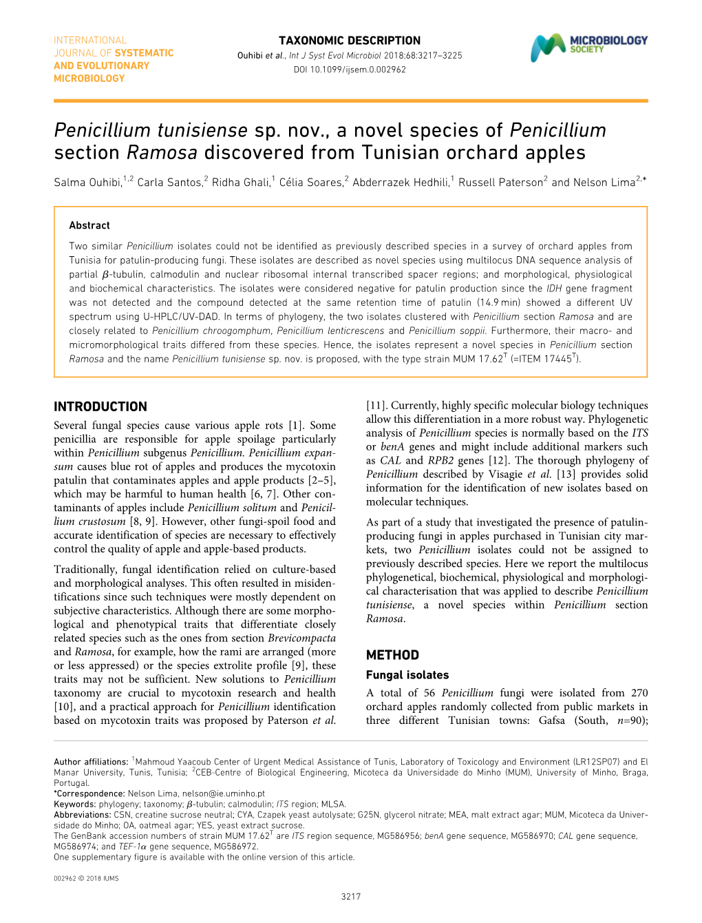 Penicillium Tunisiense Sp. Nov., a Novel Species of Penicillium Section Ramosa Discovered from Tunisian Orchard Apples