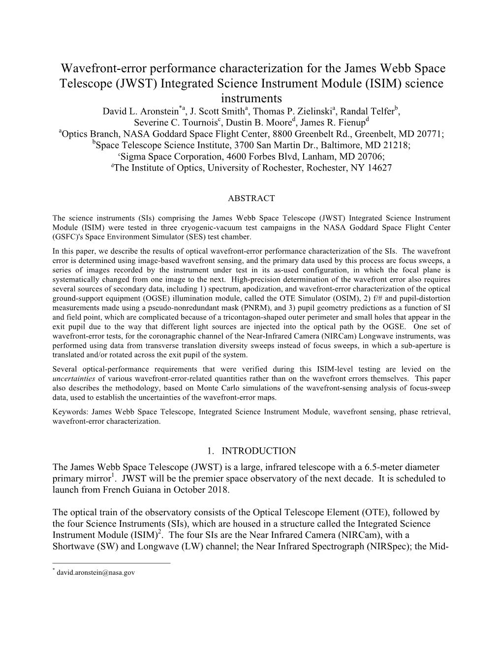 (JWST) Integrated Science Instrument Module (ISIM) Science Instruments David L