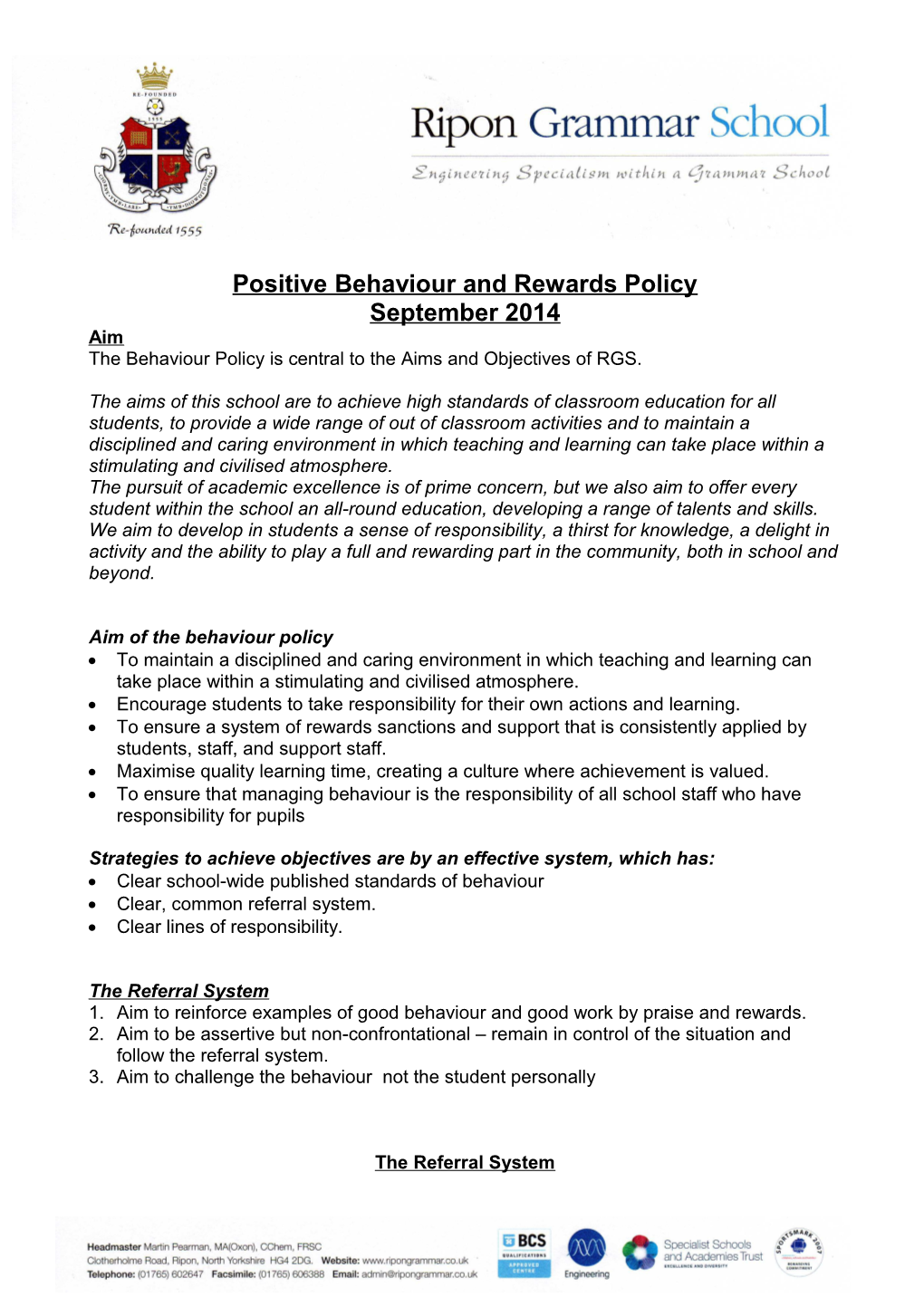 Positive Behaviour and Rewards Policy