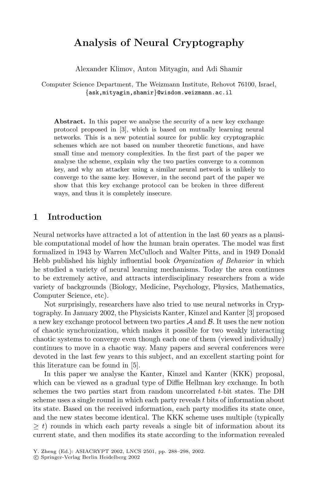 Analysis of Neural Cryptography