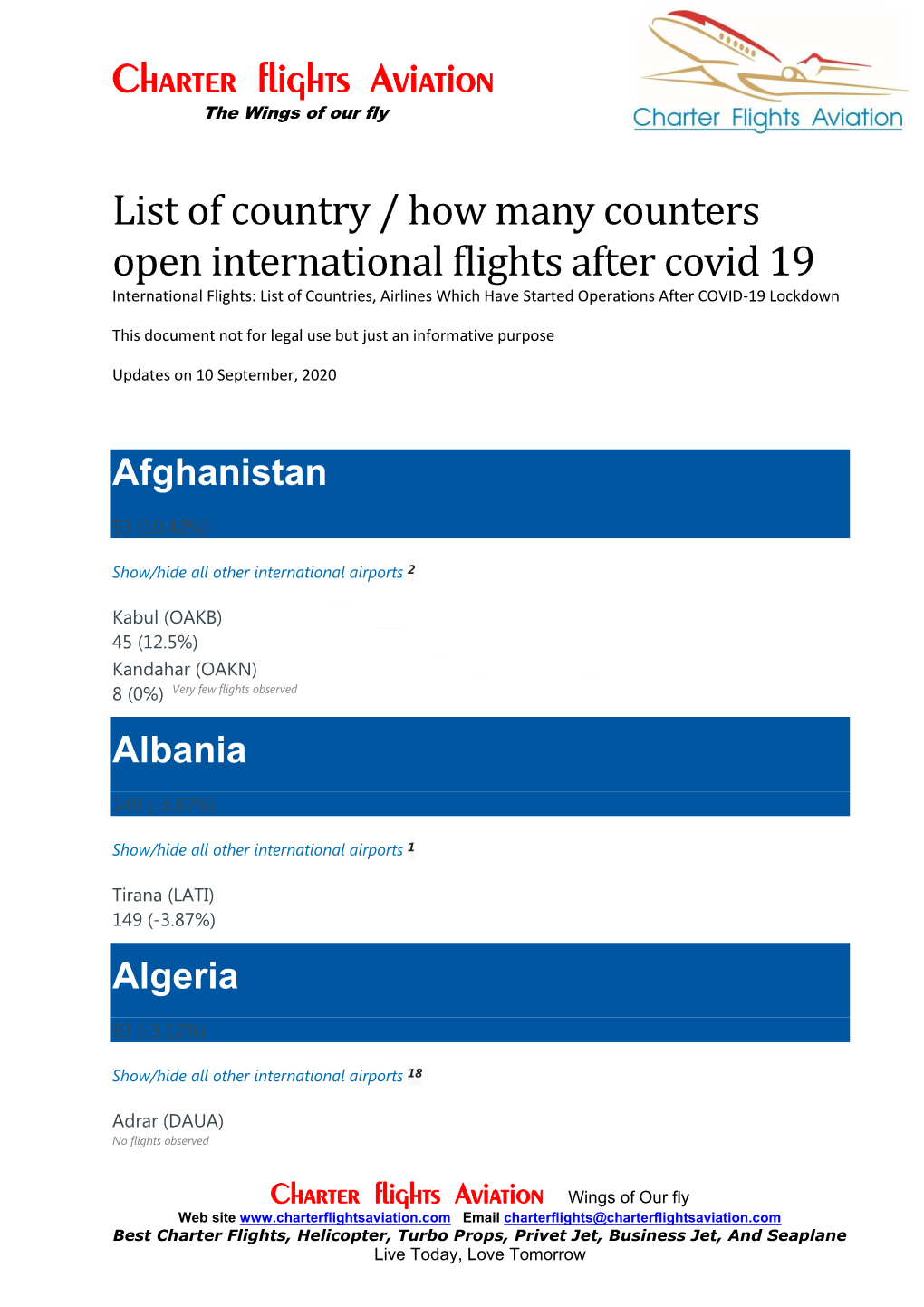 Charter Flights Aviation List of Country / How Many Counters Open International Flights After Covid 19