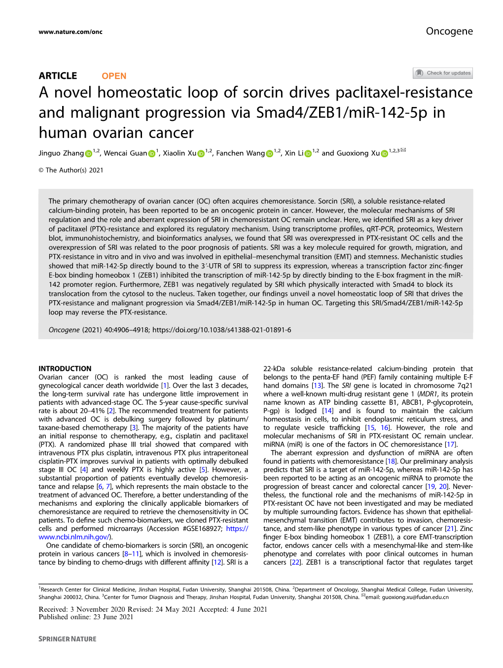 A Novel Homeostatic Loop of Sorcin Drives Paclitaxel-Resistance And