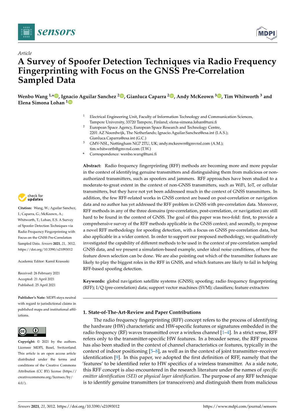 A Survey of Spoofer Detection Techniques Via Radio Frequency Fingerprinting with Focus on the GNSS Pre-Correlation Sampled Data